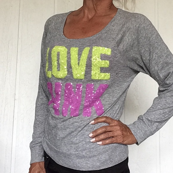 PINK VICTORIAS SECRET SEQUIN GRAY LONG SLEEVE TOP SMALL - Picture 2 of 10